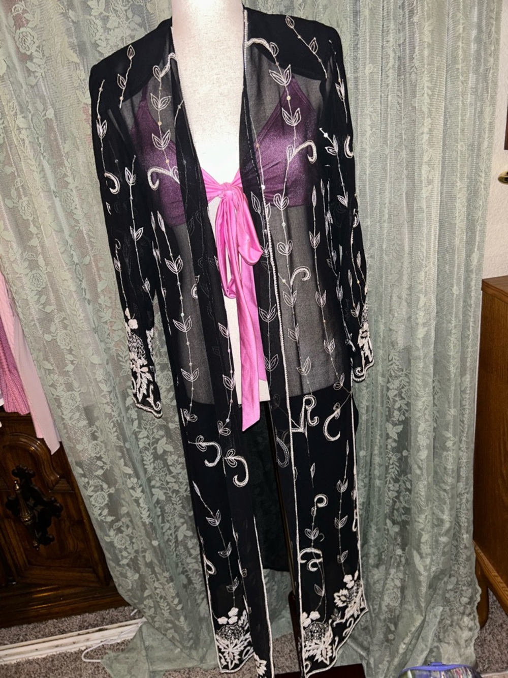 Vintage Sheer Black Embroidered and Beaded Long Swimsuit Cover Up Robe